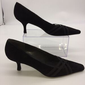 Stuart Weitzman Mid Heel Black Suede Pump with Crisscross Details at the Vamp